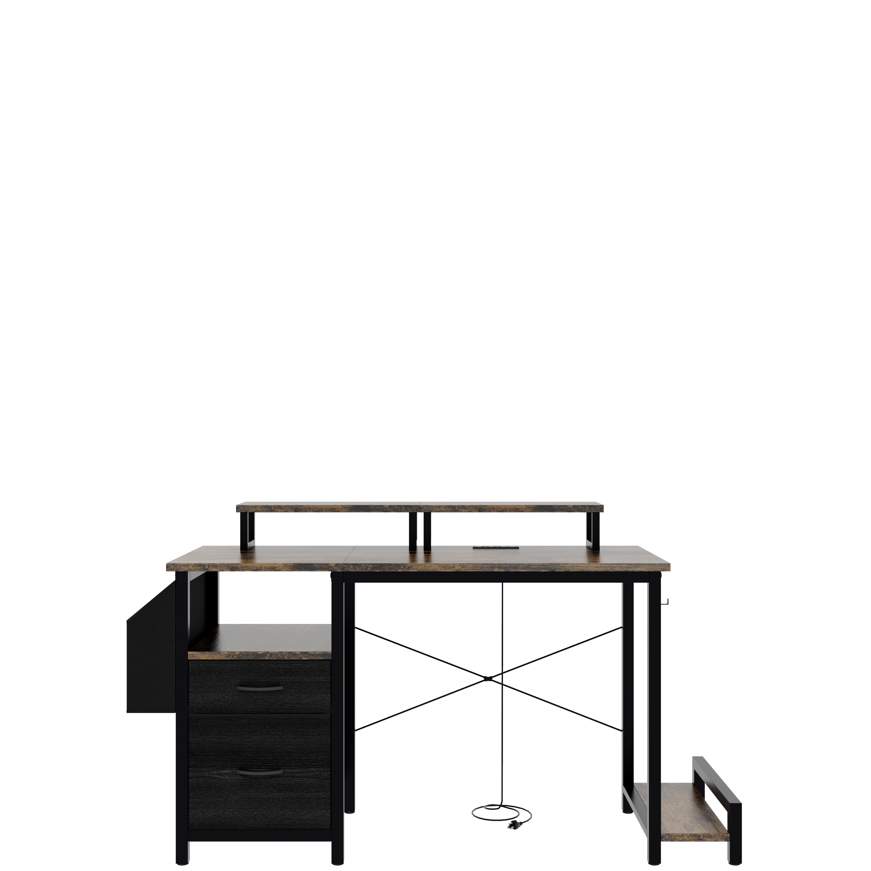Computer Desk with Drawer and Power Outlets, 47' Office Desk with 2 Monitor Stands and Fabric File Cabinet, Writing Gaming Table with Shelves and Hooks for Home Office, Rustic Brown