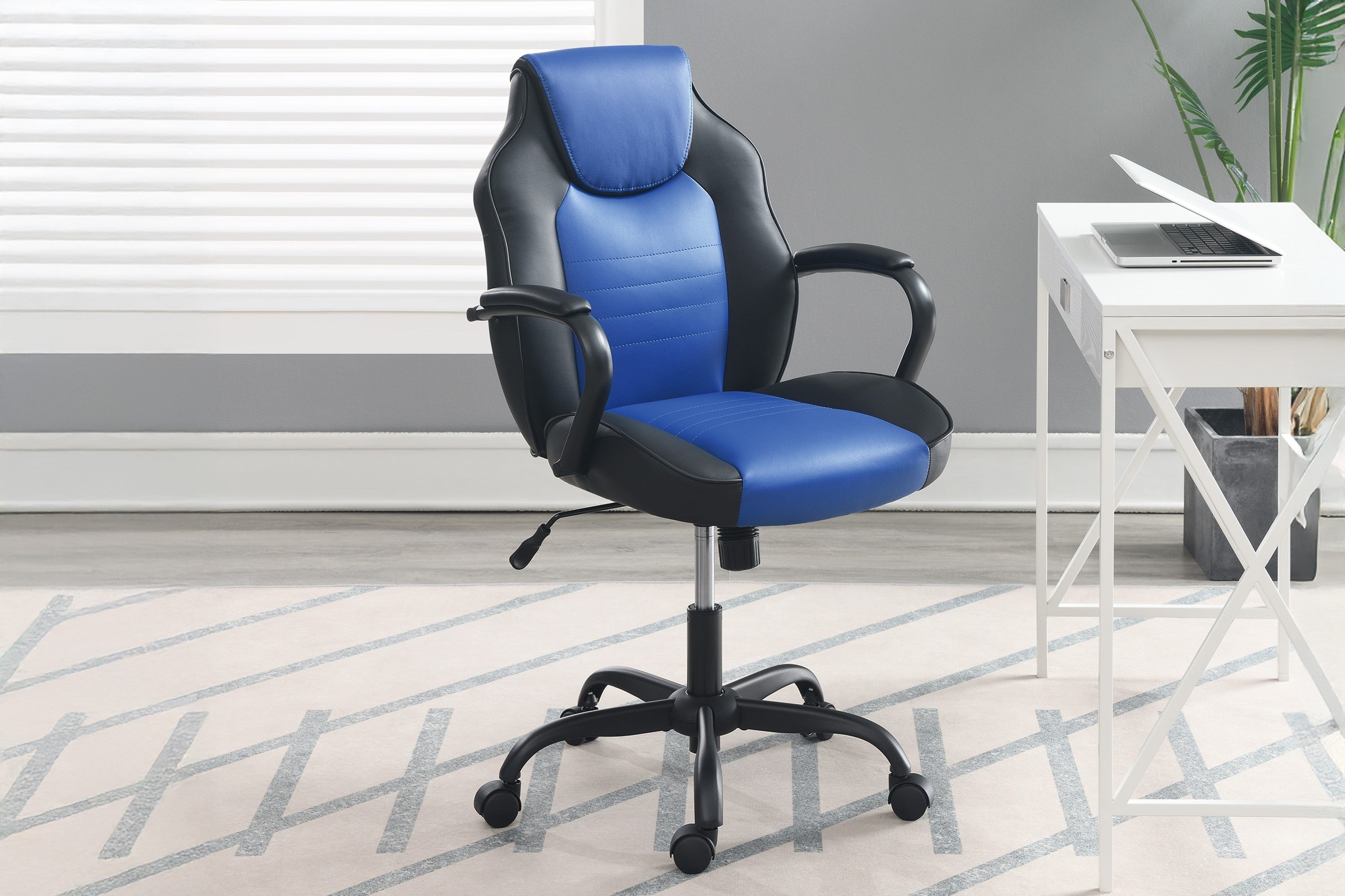 Gaming Office Chair Blue And Black Faux Leather 1pc Chairs Casters Plush Padded Chair w Arms Comfortable Modern Stylish