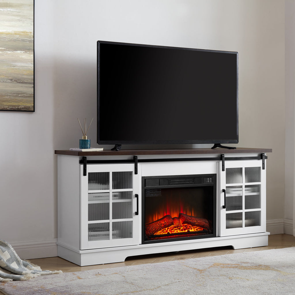 Multipurpose Sliding Door TV Cabinet Large Storage Cabinet with 2 Sliding Glass Doors, TV Storage Rack with 23' Fireplace TV Cabinet, WHITE+BROWN, 59.13'W*15.94'D*27.8'H