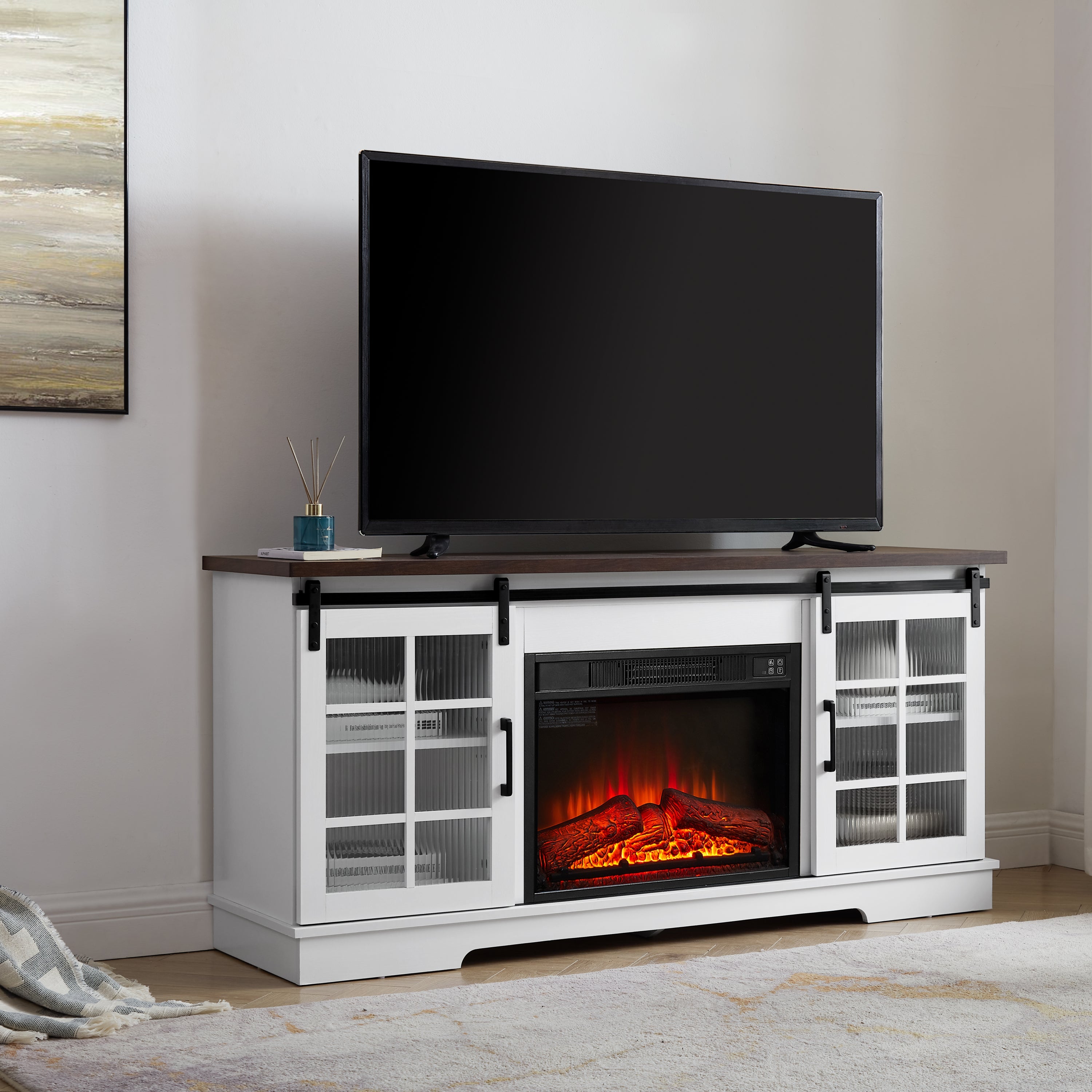 Multipurpose Sliding Door TV Cabinet Large Storage Cabinet with 2 Sliding Glass Doors, TV Storage Rack with 23' Fireplace TV Cabinet, WHITE+BROWN, 59.13'W*15.94'D*27.8'H