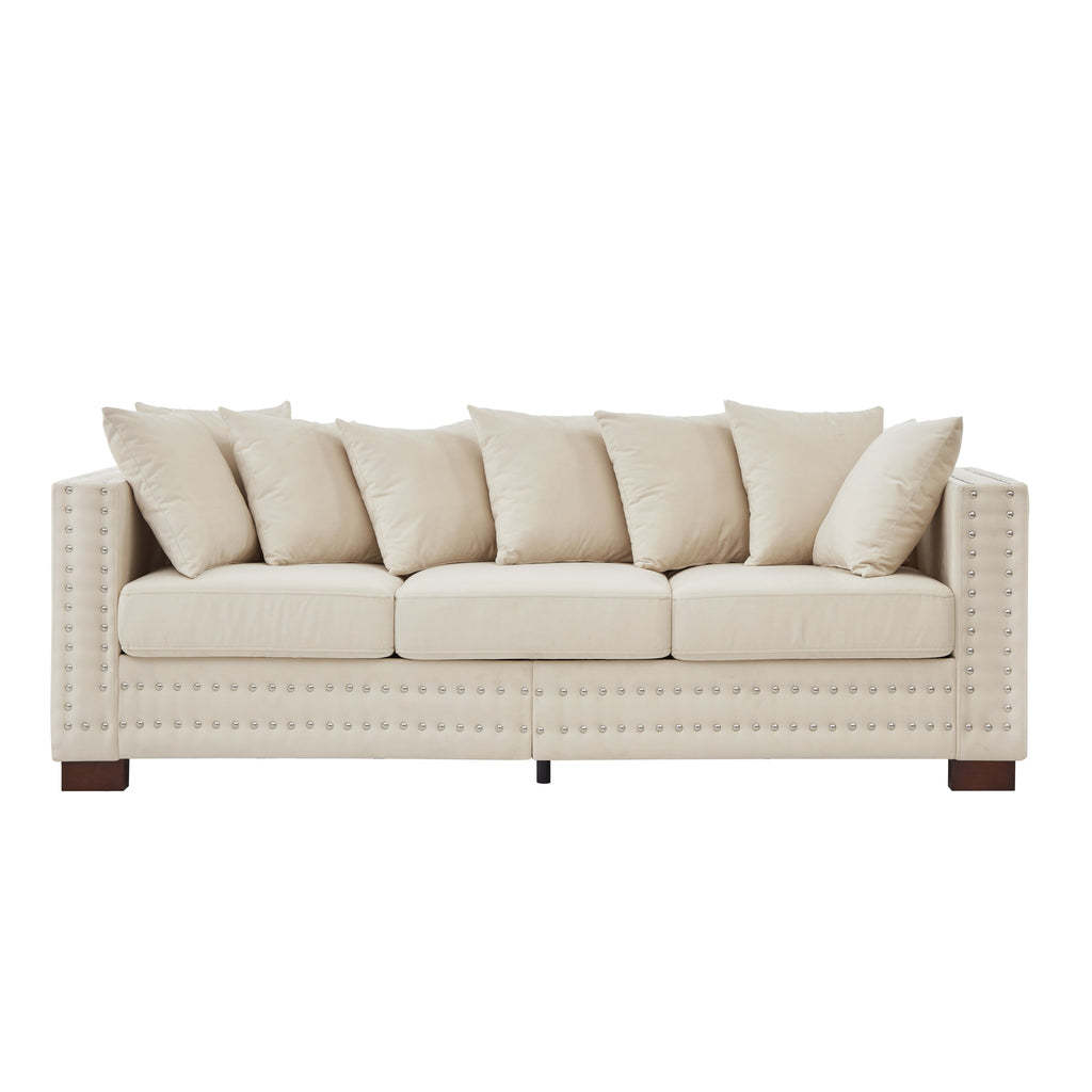 Modern Design Living Room Sofa Square armrest with Silver Nails Decoration Upholstered Velvet Couch Apricot