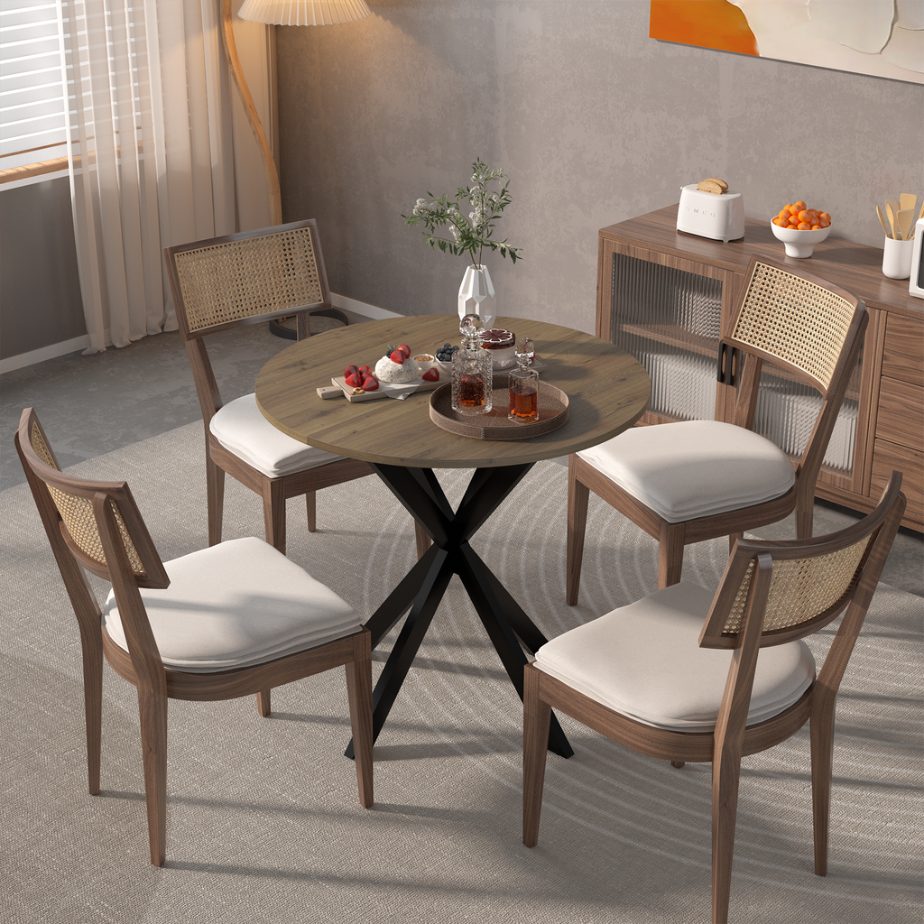 31.5 Inch Round Dining Table, Small Circle Kitchen Table with Metal Black Legs for 2-4 people,Modern Dining Room Table, Brown (only table)