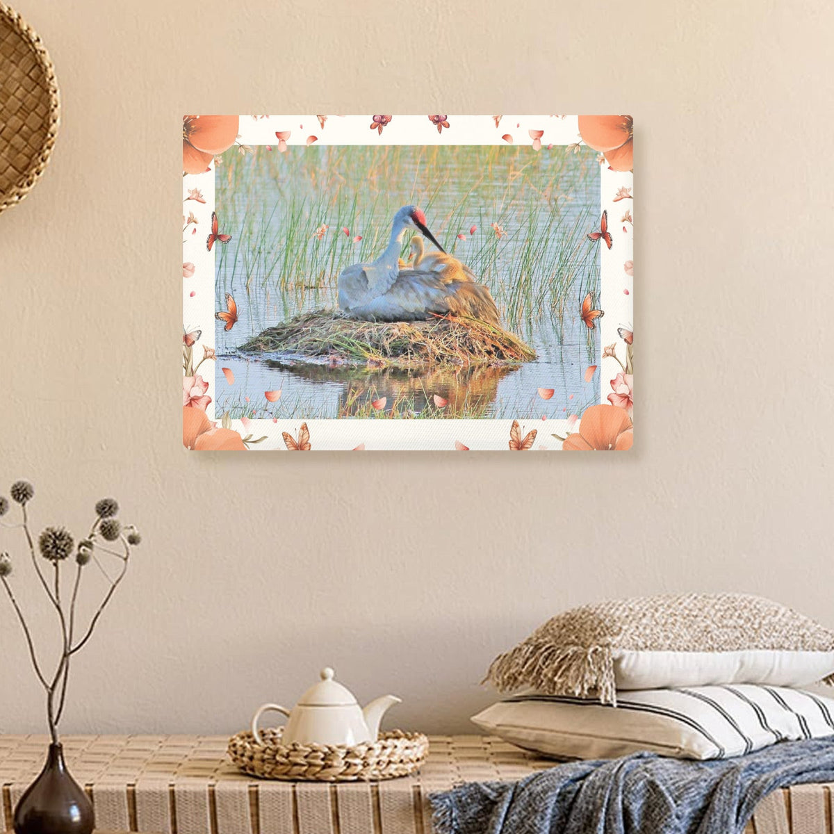 Sandhill Crane with Flower Border Frame Canvas Print 24" x 18" (Made in USA)
