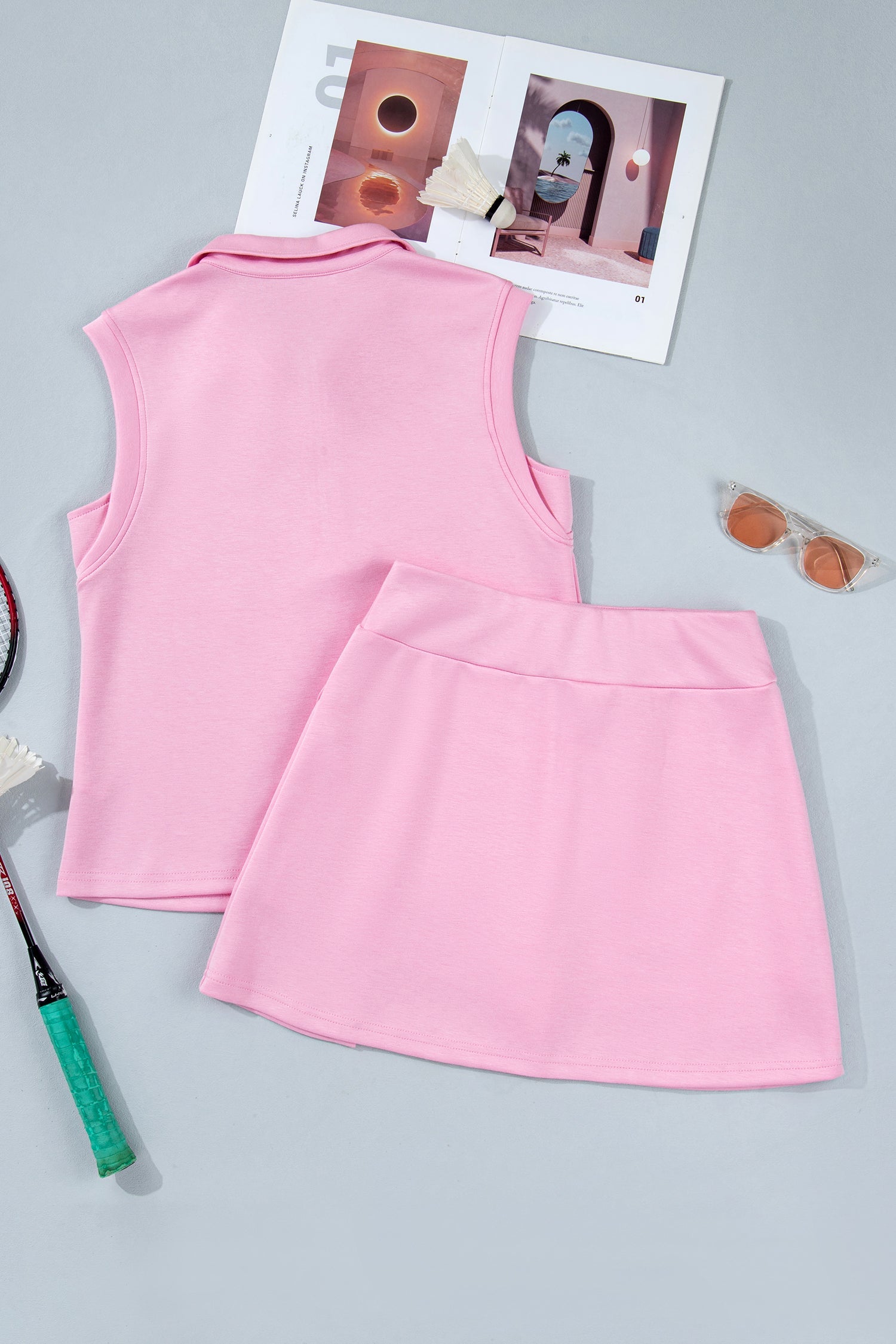 Solid Sleeveless Zipped Tank & Skort Set