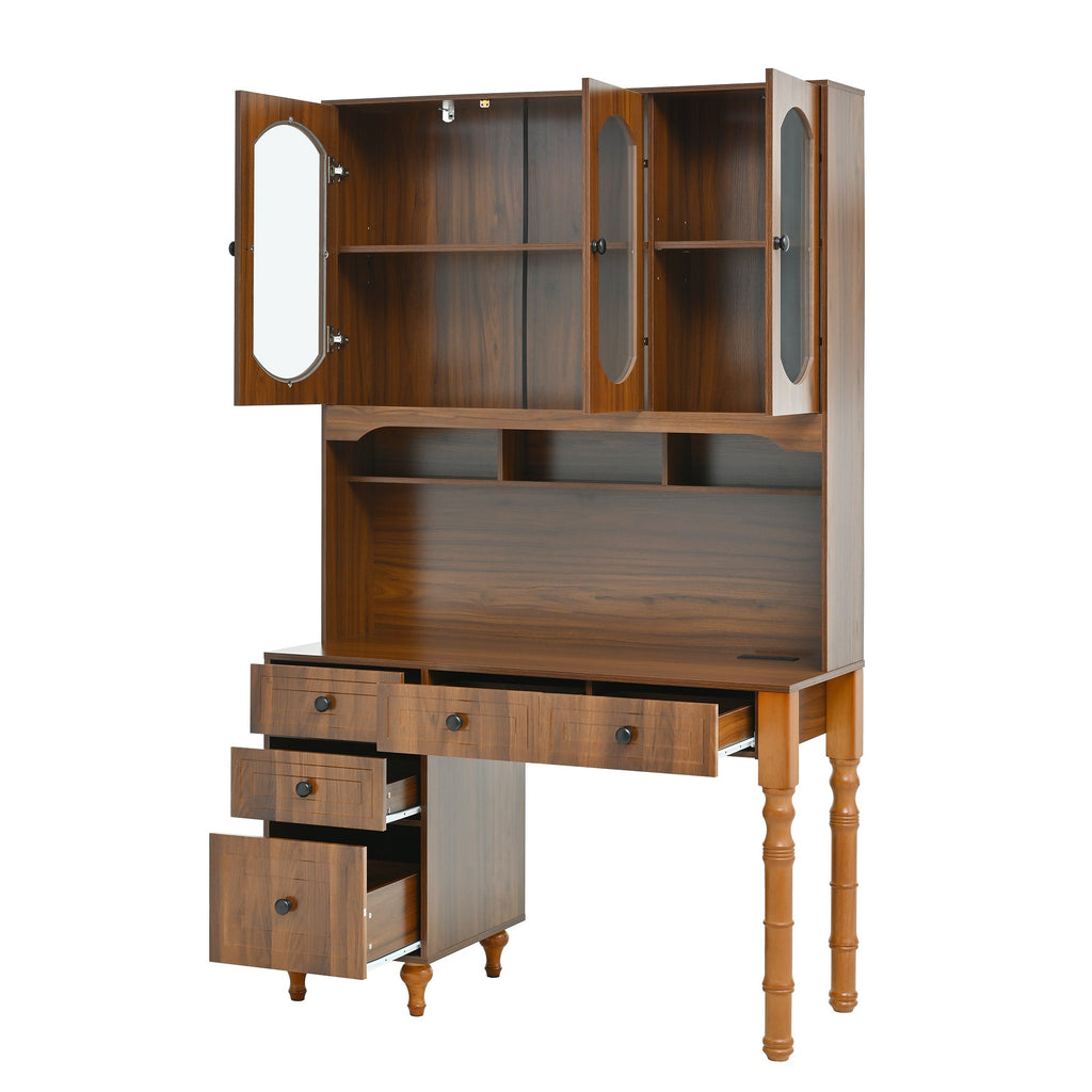 47'' Retro Desk with Charging Ports and Hutch Cabinet, Office Desk with 5 Storage Drawers and Transparent Glass-Door Bookshelf, Executive Computer Desk for Home Office, Bedroom, Walnut