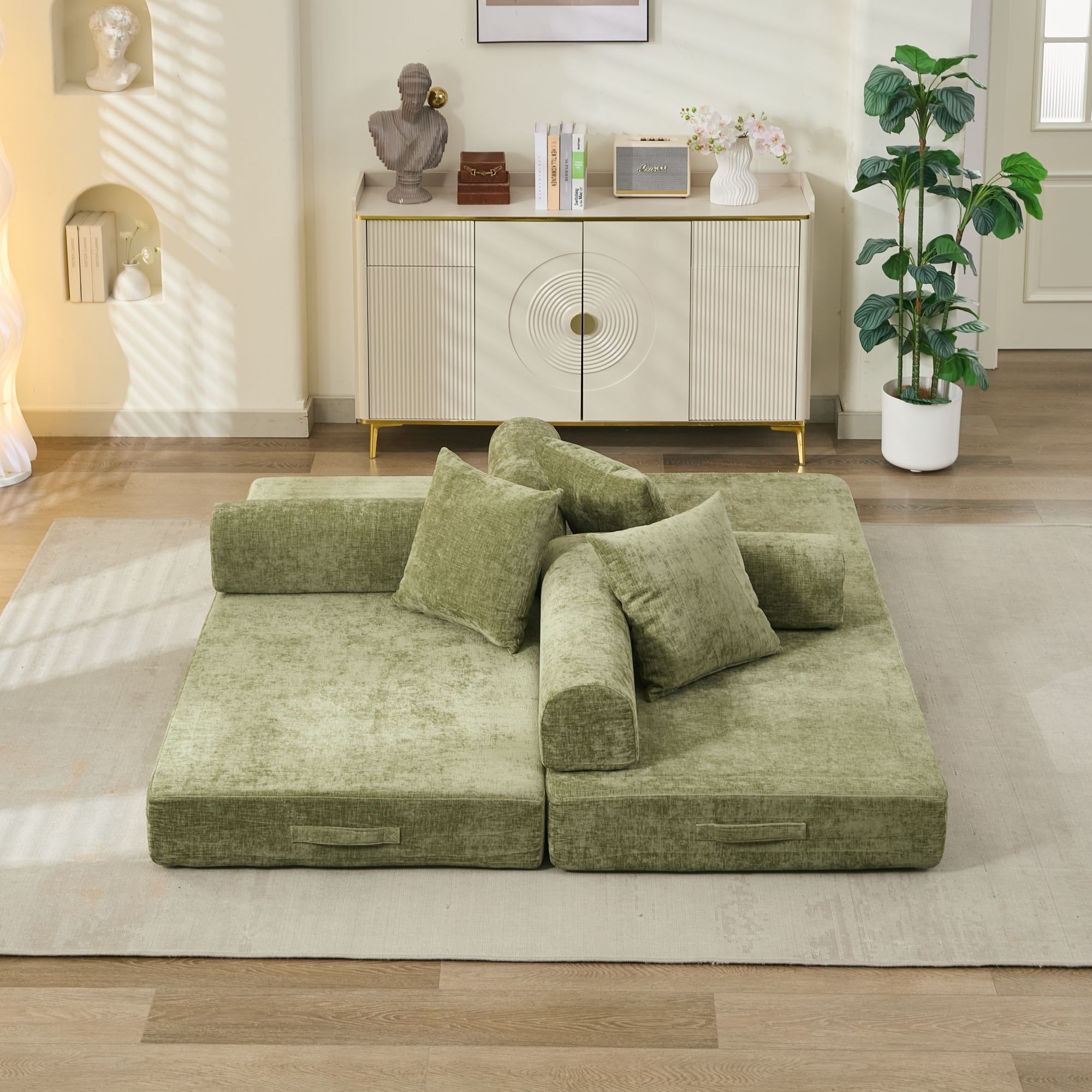 Comfy Convertible Folding Mattress Couch, Floor Sofa Bed, Chenille Floor Sofa with Armrest, Floor Sofa Lounge Couch for Living Room Bedroom Lounge Studio-Green