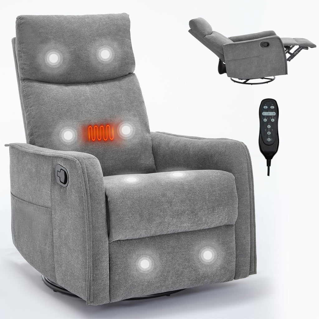 Heat Massage Manual Recliner Chair with Rocker and Swivel in Fabric for Living Room, Grey