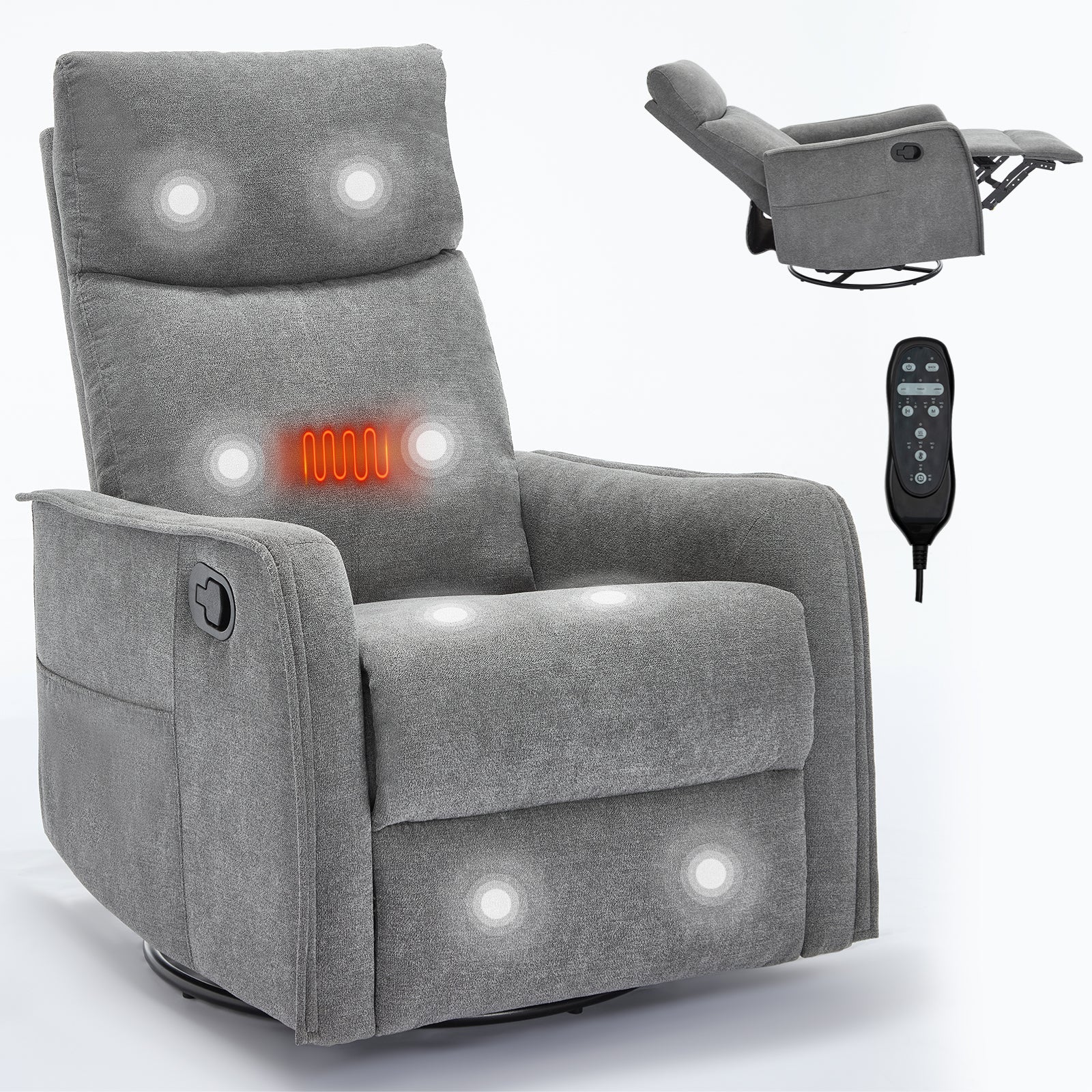 Heat Massage Manual Recliner Chair with Rocker and Swivel in Fabric for Living Room, Grey