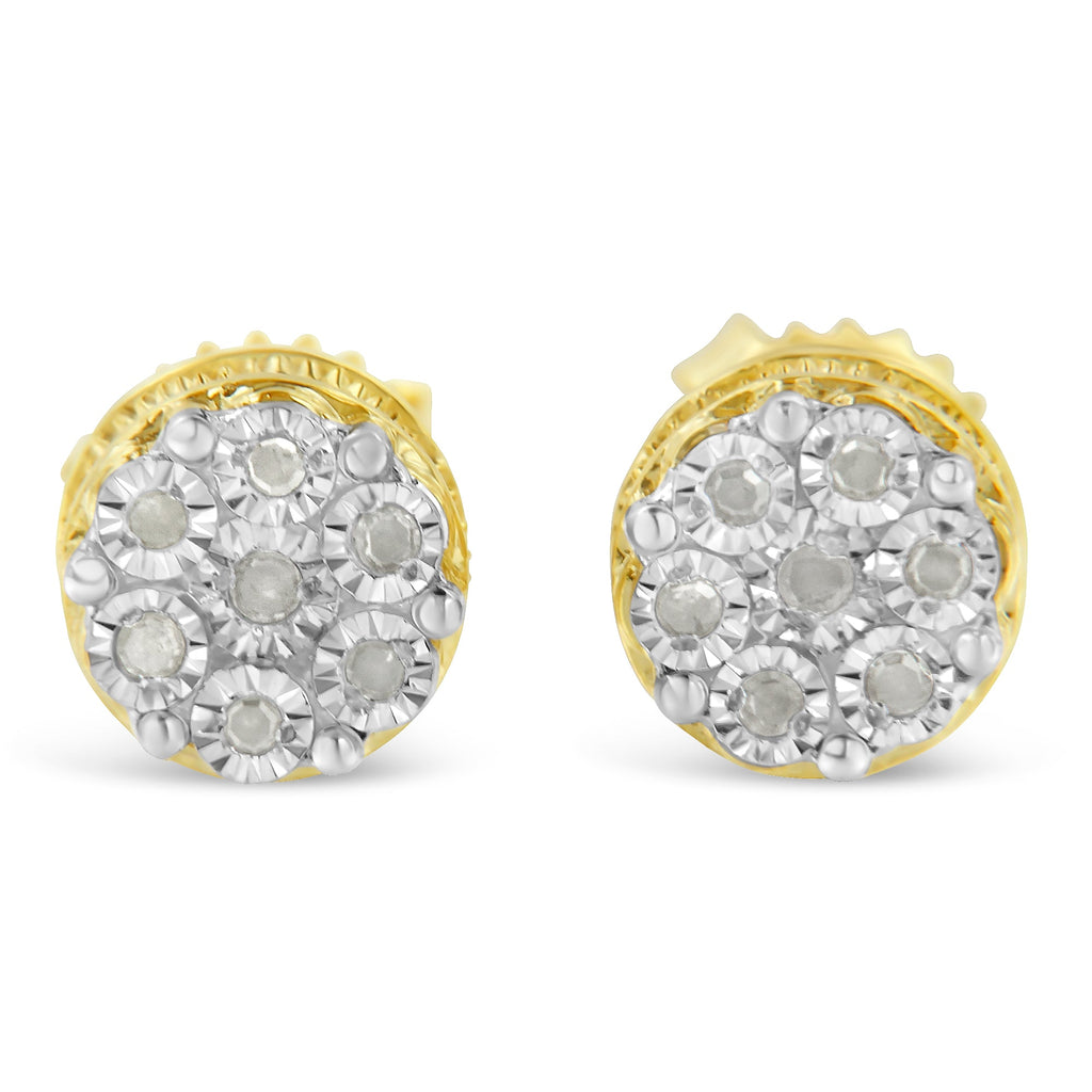 10K Yellow Gold over .925 Sterling Silver 1/7 Cttw Rose-Cut Miracle-Set Diamond Floral Cluster Button Stud Earrings (I-J Color, I3 Clarity)