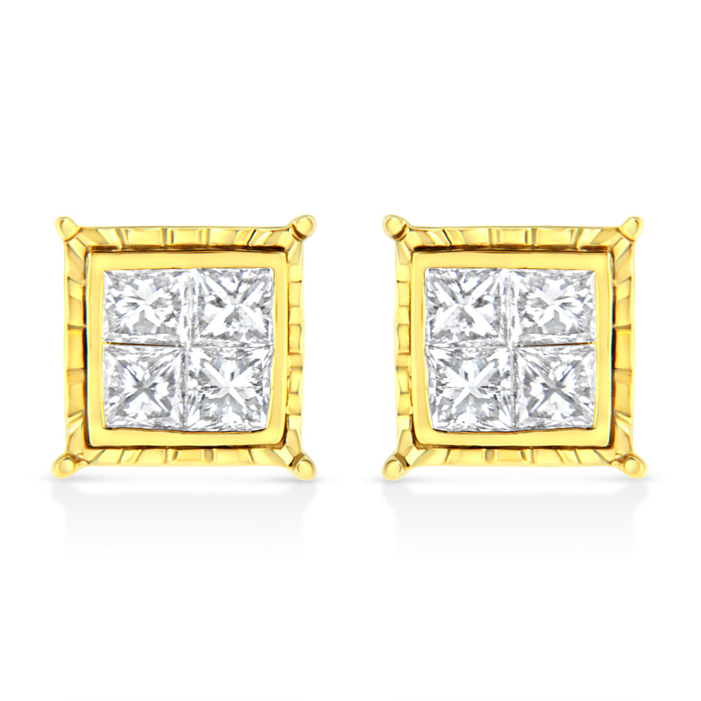 14K Yellow Gold 1.0 Cttw Invisible Set Princess-Cut Diamond Composite 8 Stone Stud Earrings (I-J Color, SI1-SI2 Clarity)