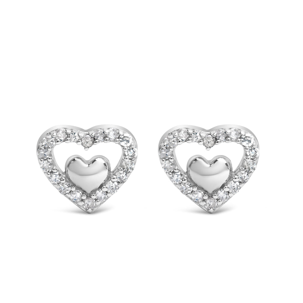 925 Sterling Silver 1/6 Cttw Diamond Open Double Heart Stud Earrings (I-J Color, I3 Clarity)