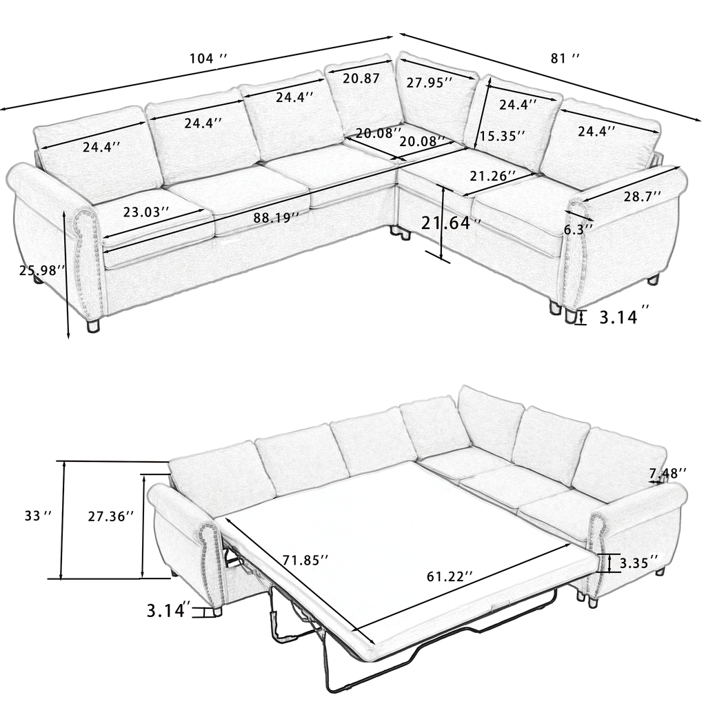 [NEW ARRIVED] [VIDEO PROVIDED] Sleeper Sofa, 2 in 1 Pull Out Couch Bed,6 seater sofa bed, L Shaped Sleeper Sectional Sofa Couch,Riveted sofa,104'' Large combined sofa Bed in living room, GRAY