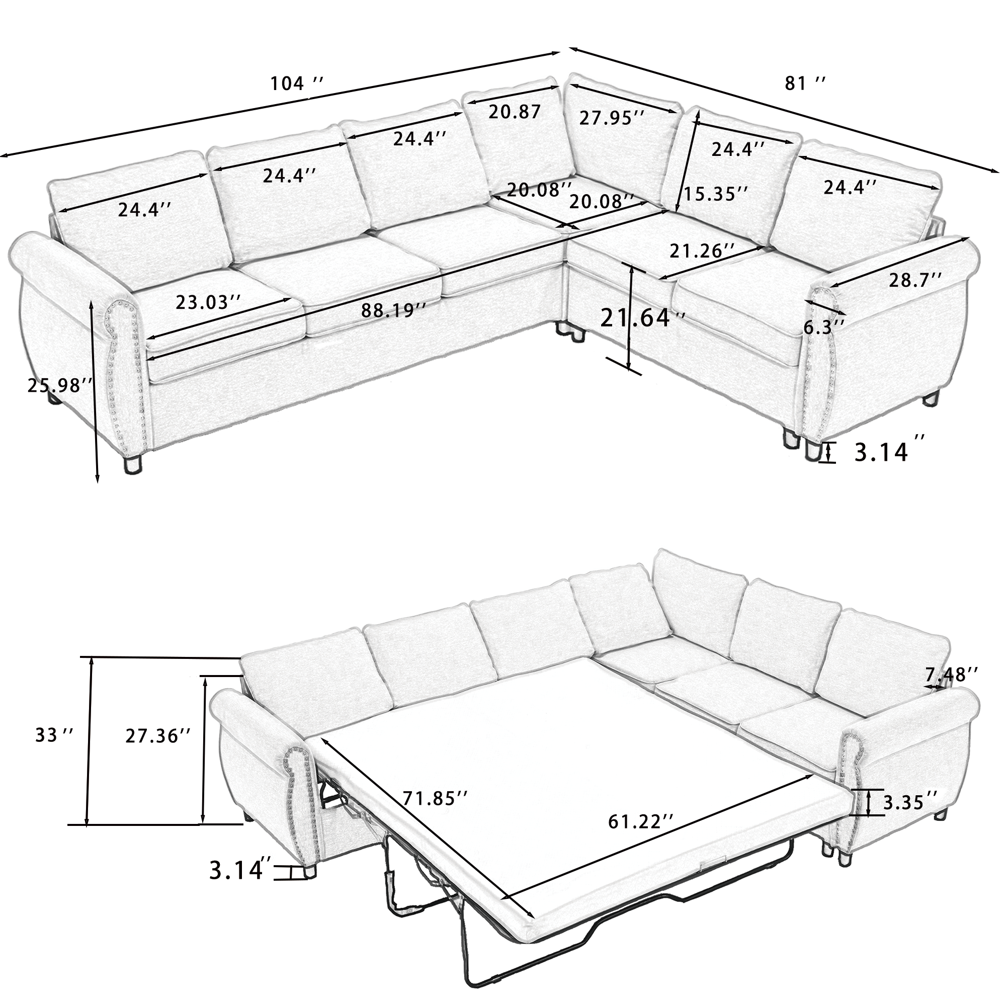 [NEW ARRIVED] [VIDEO PROVIDED] Sleeper Sofa, 2 in 1 Pull Out Couch Bed,6 seater sofa bed, L Shaped Sleeper Sectional Sofa Couch,Riveted sofa,104'' Large combined sofa Bed in living room, GRAY