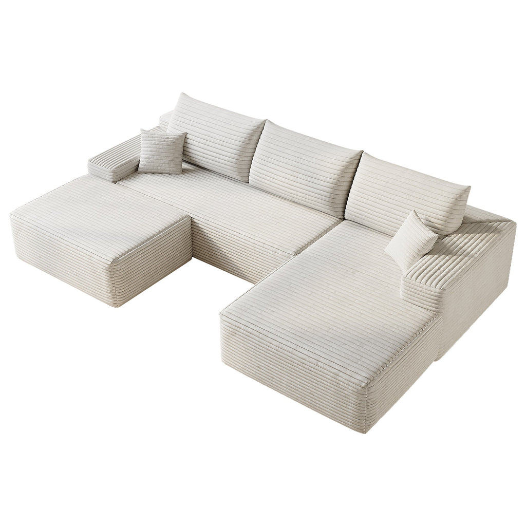 107' Cloud Sectional Sofa with 1 Ottoman,Modern Minimalist Upholstered Couches, Comfort U Shaped Sofa for Living Room,Deep Seat Corner Couch,No Assembly Required (Plush Corduroy Fabric),White
