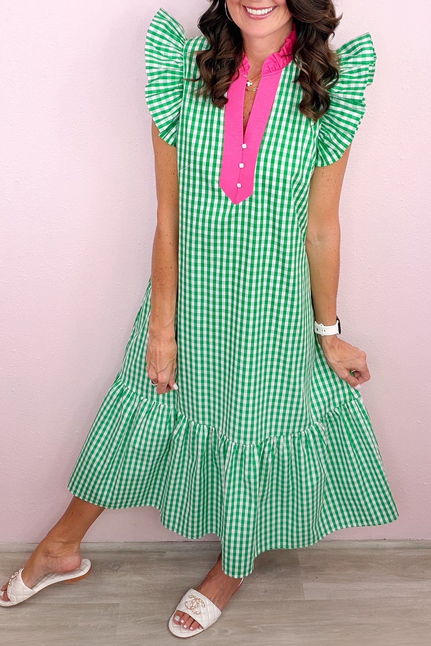 Gingham Colorblock Ruffle Sleeve Midi Dress