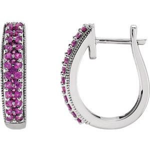 14K White Gold Natural Pink Sapphire 18.5 mm Hoop Earrings