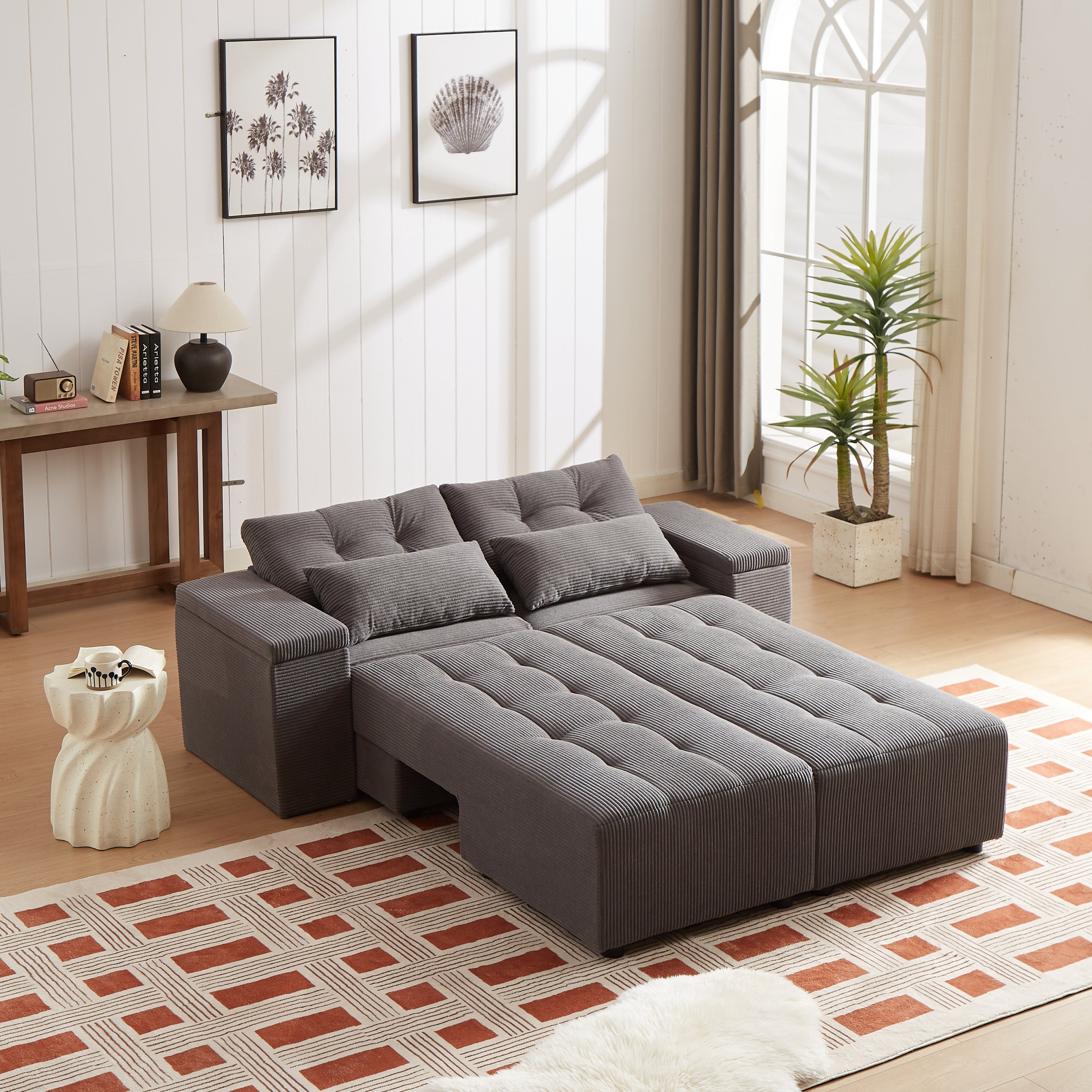 Convertible 3 in 1 Sleeper Sofa and Sectional Sofa with 4 Storage Space for Living Room,Corduroy Couch With 4 pillows,Corduroy