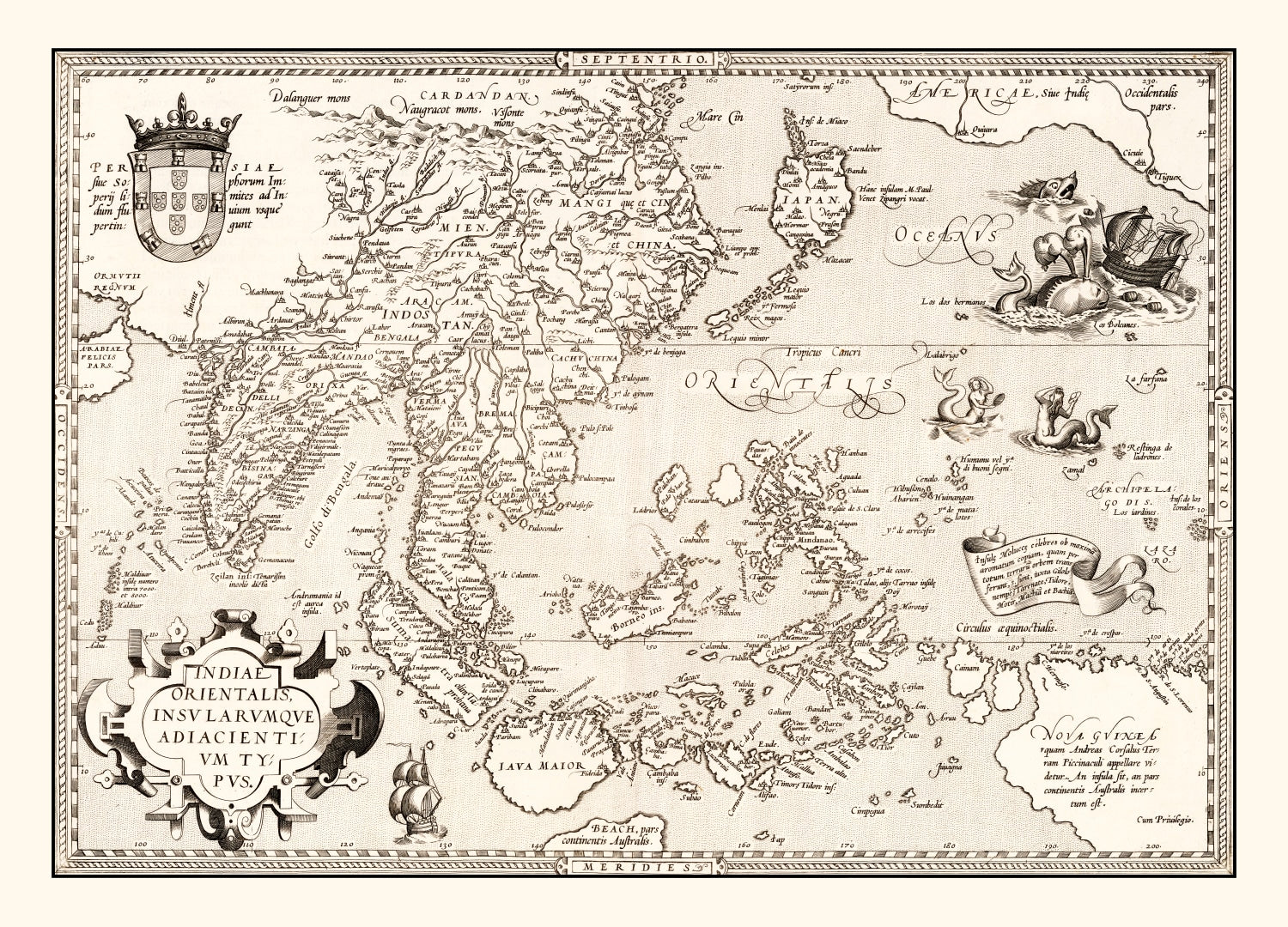 Vintage Map of India, Japan, China & Indonesia 1570
