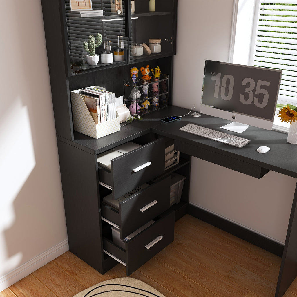 Black L-Shaped Computer Desk with Glass Cabinets, Built-In LED Lights, USB Charging Ports, and Keyboard Tray - Ergonomic Office Furniture for Home and Corporate Workspaces