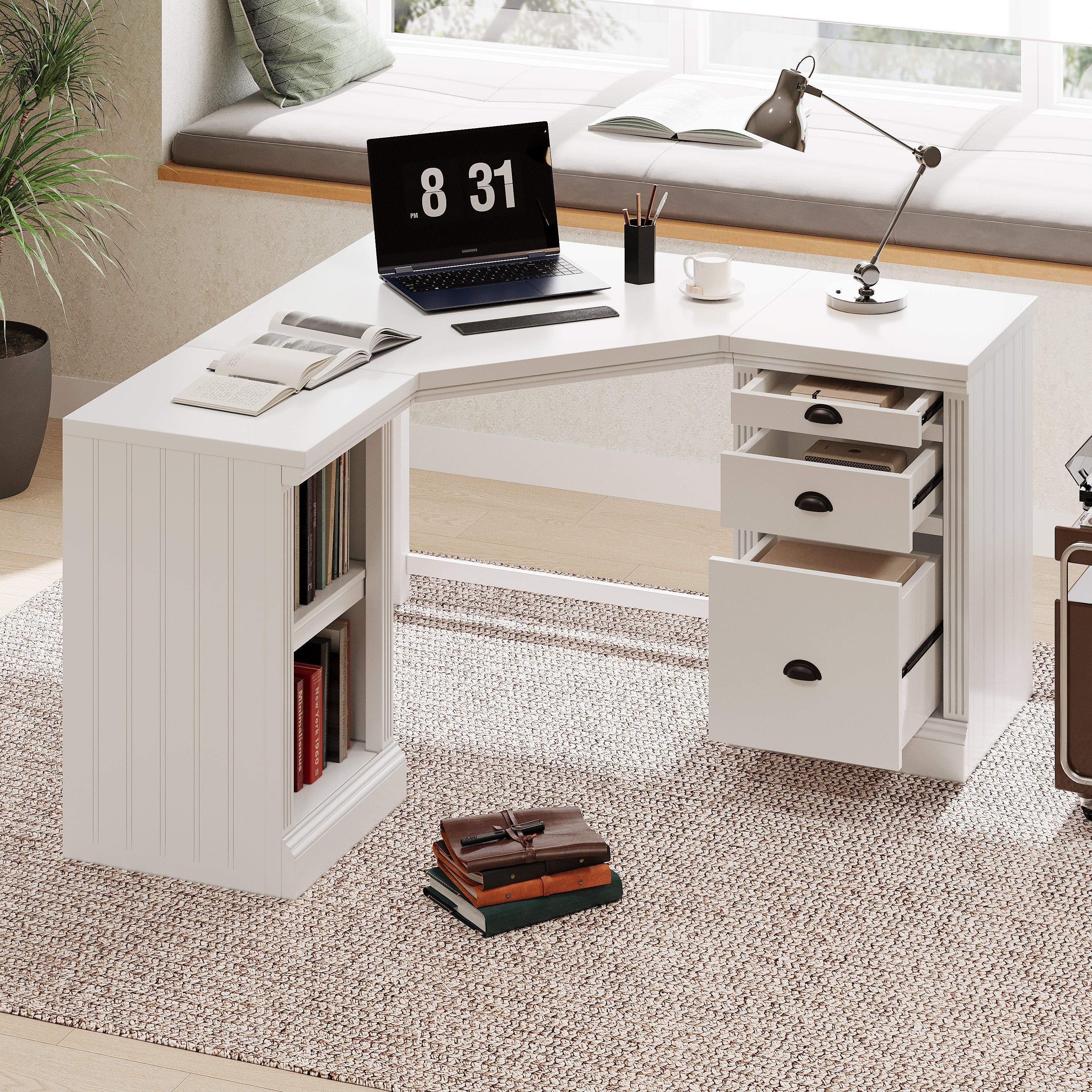 57.68' Modern L Shaped Executive Desk with 2 Storage Cabinets and 3 Drawers,Corner Writing Desk,Office Desk Furniture,Computer Desks with Depth Workstation for Home Office,Living room,White