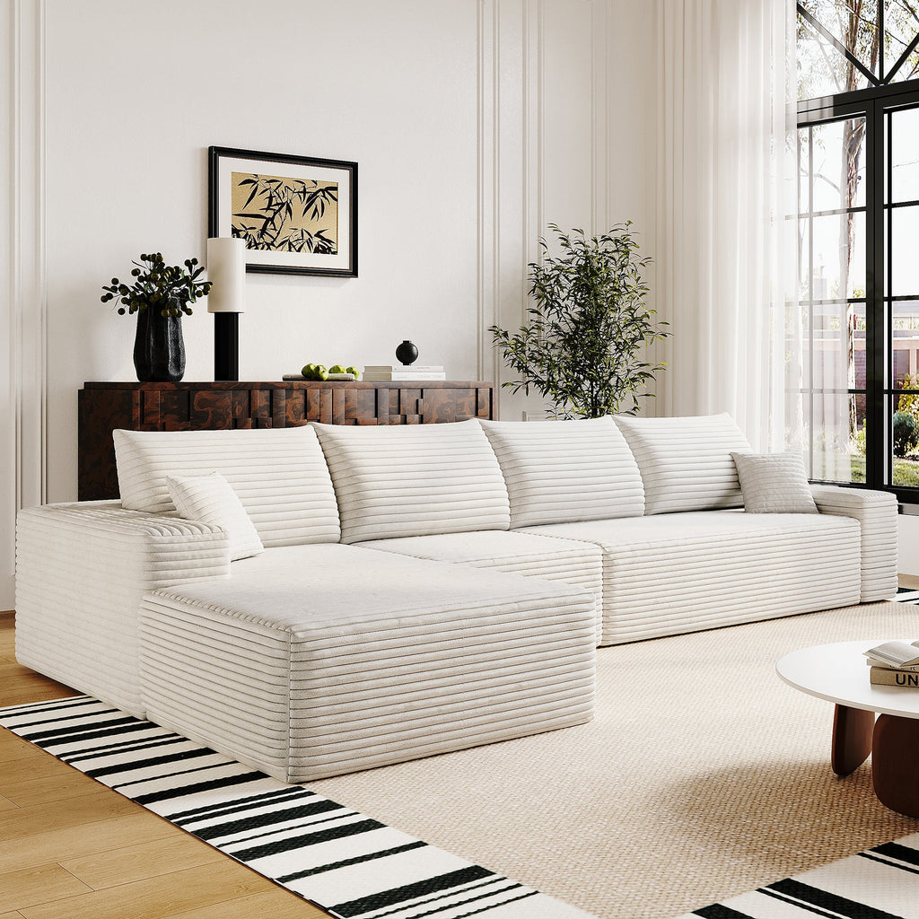 135' Cloud Sectional Couch with L-Shape Chaise,Modern Modular Sofa with Deep Seat, Upholstered Couches for Living Room Bedroom,No Assembly Required, (Plush Corduroy Fabric),White