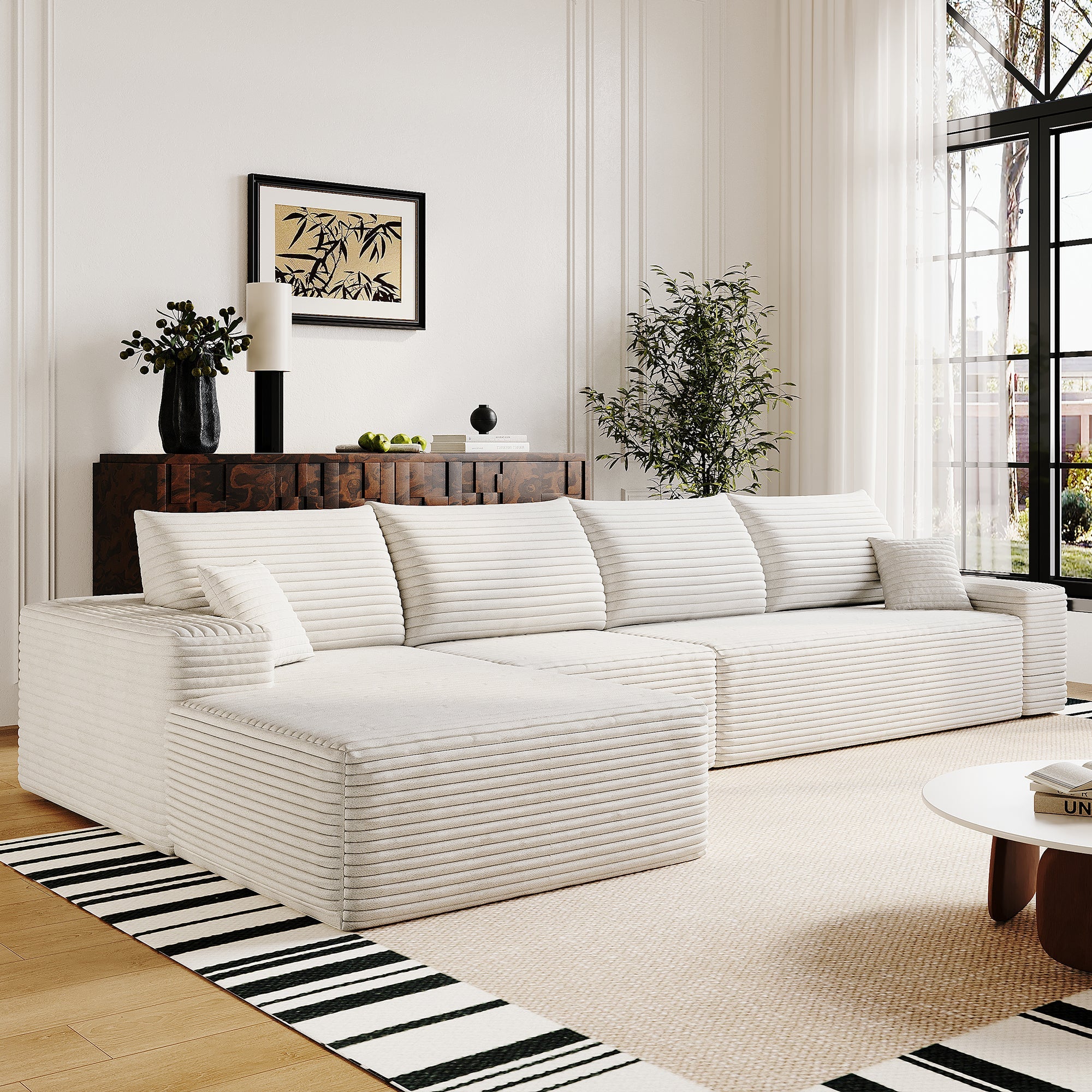 135' Cloud Sectional Couch with L-Shape Chaise,Modern Modular Sofa with Deep Seat, Upholstered Couches for Living Room Bedroom,No Assembly Required, (Plush Corduroy Fabric),White