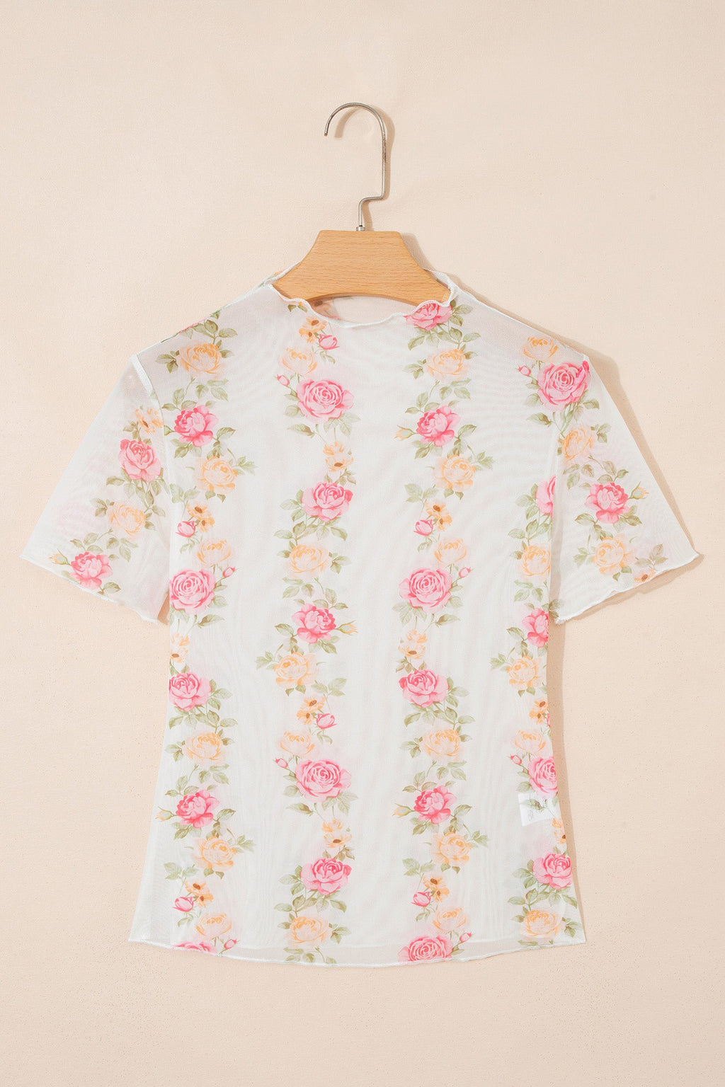 Floral Mesh Mock Neck Short Sleeve Top