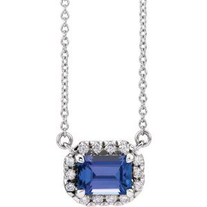 Sterling Silver 7x5 mm Natural Tanzanite & 1/5 CTW Natural Diamond Halo-Style 18" Necklace