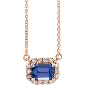 14K Rose Gold 7x5 mm Natural Tanzanite & 1/5 CTW Natural Diamond Halo-Style 18" Necklace