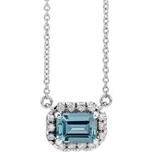 Platinum 7x5 mm Natural Aquamarine & 1/5 CTW Natural Diamond Halo-Style 16" Necklace