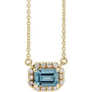 14K Yellow Gold 6x4 mm Natural Aquamarine & 1/5 CTW Natural Diamond Halo-Style 18" Necklace