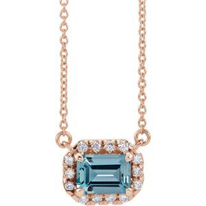 14K Rose Gold 7x5 mm Natural Aquamarine & 1/5 CTW Natural Diamond Halo-Style 18" Necklace