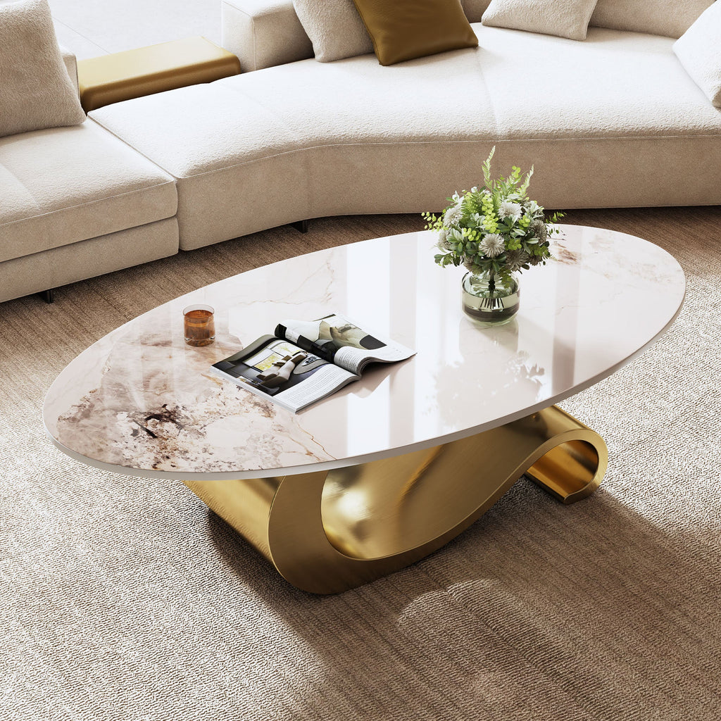 49.2' Faux Marble Oval Coffee Table, Contemporary Gold Stainless Steel Base, Modern Center Table for Living Room