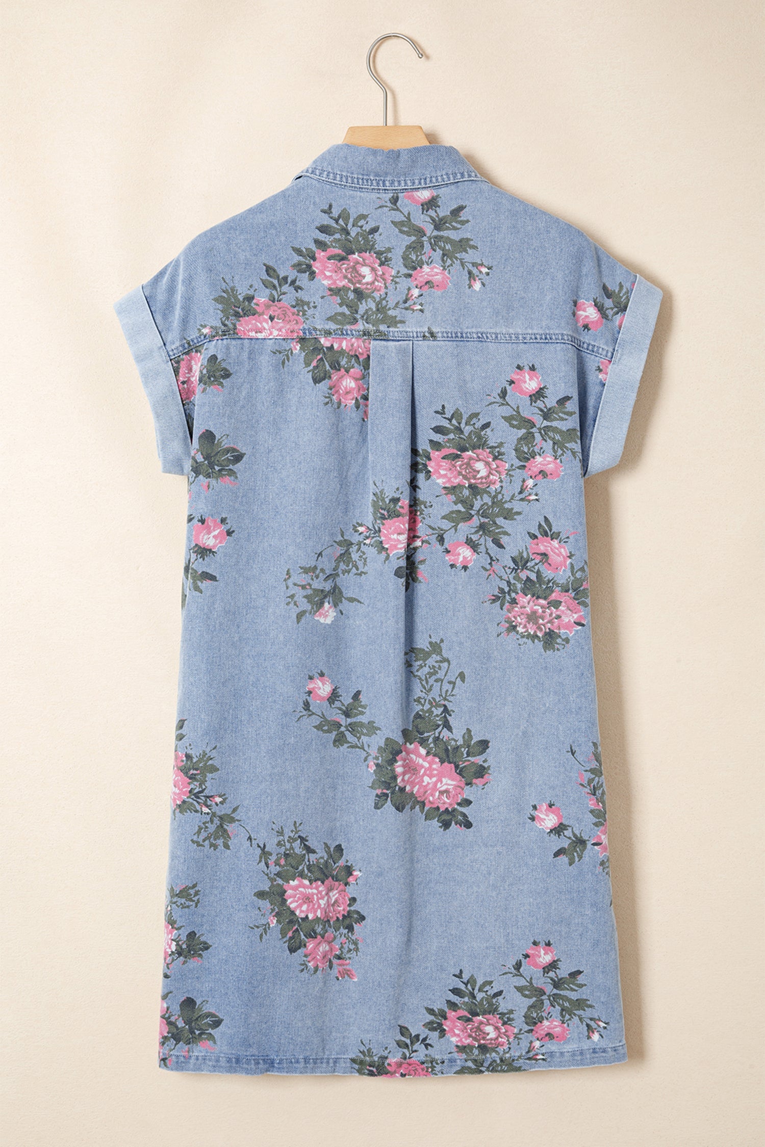 Floral Denim Cuffed Short Sleeve Buttoned Dress