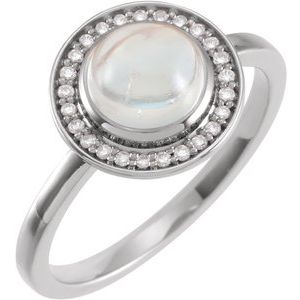 Sterling Silver Natural Rainbow Moonstone & 1/10 CTW Natural Diamond Halo-Style Ring