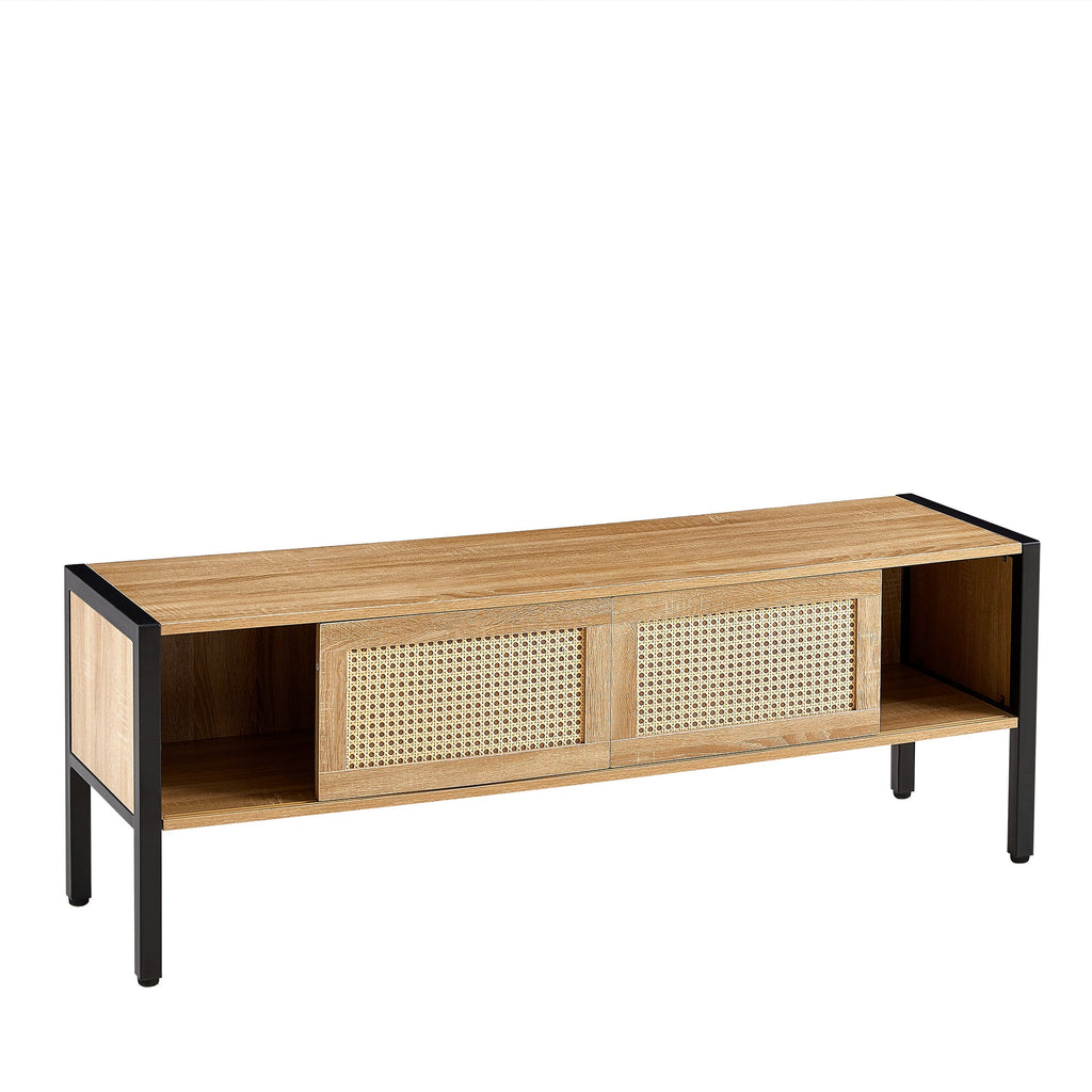 Natural Rattan TV Cabinet with Color Light Strip, Double Sliding Doors, Adjustable Shelf, Metal Legs, 54.33 Inches
