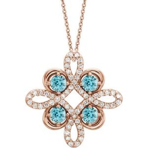 14K Rose Gold Natural Blue Zircon & 1/8 CTW Natural Diamond Clover 18" Necklace