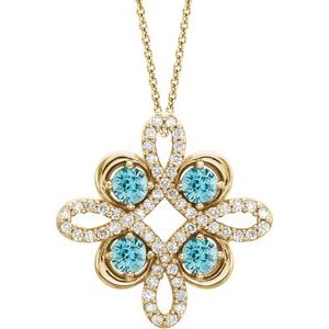 14K Yellow Gold Natural Blue Zircon & 1/8 CTW Natural Diamond Clover 18" Necklace