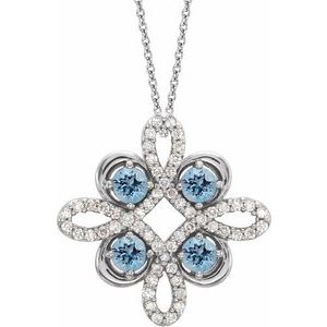 14K White Gold Natural Aquamarine & 1/6 CTW Natural Diamond Clover 18" Necklace