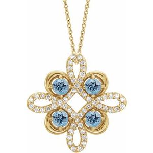 14K Yellow Gold Natural Aquamarine & 1/6 CTW Natural Diamond Clover 18" Necklace