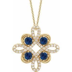 14K Yellow Gold Natural Blue Sapphire & 1/6 CTW Natural Diamond Clover 18" Necklace