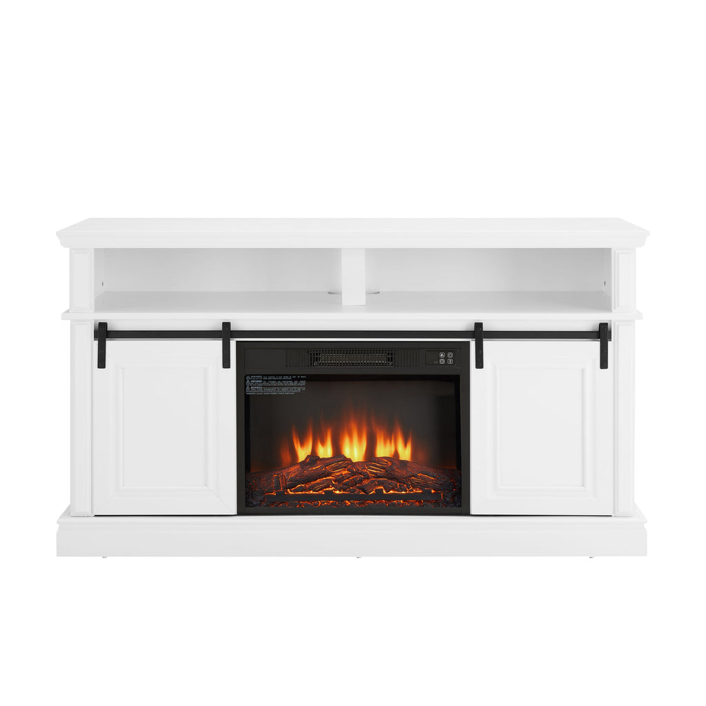 Media Console Table with Storage Cabinet, Mid Century Modern TV Console with 23' Fireplace Insert, Multipurpose Sliding Door TV Cabinet  Large Storage Space, 58.11'W*15.79'D*32.36'H Antique White