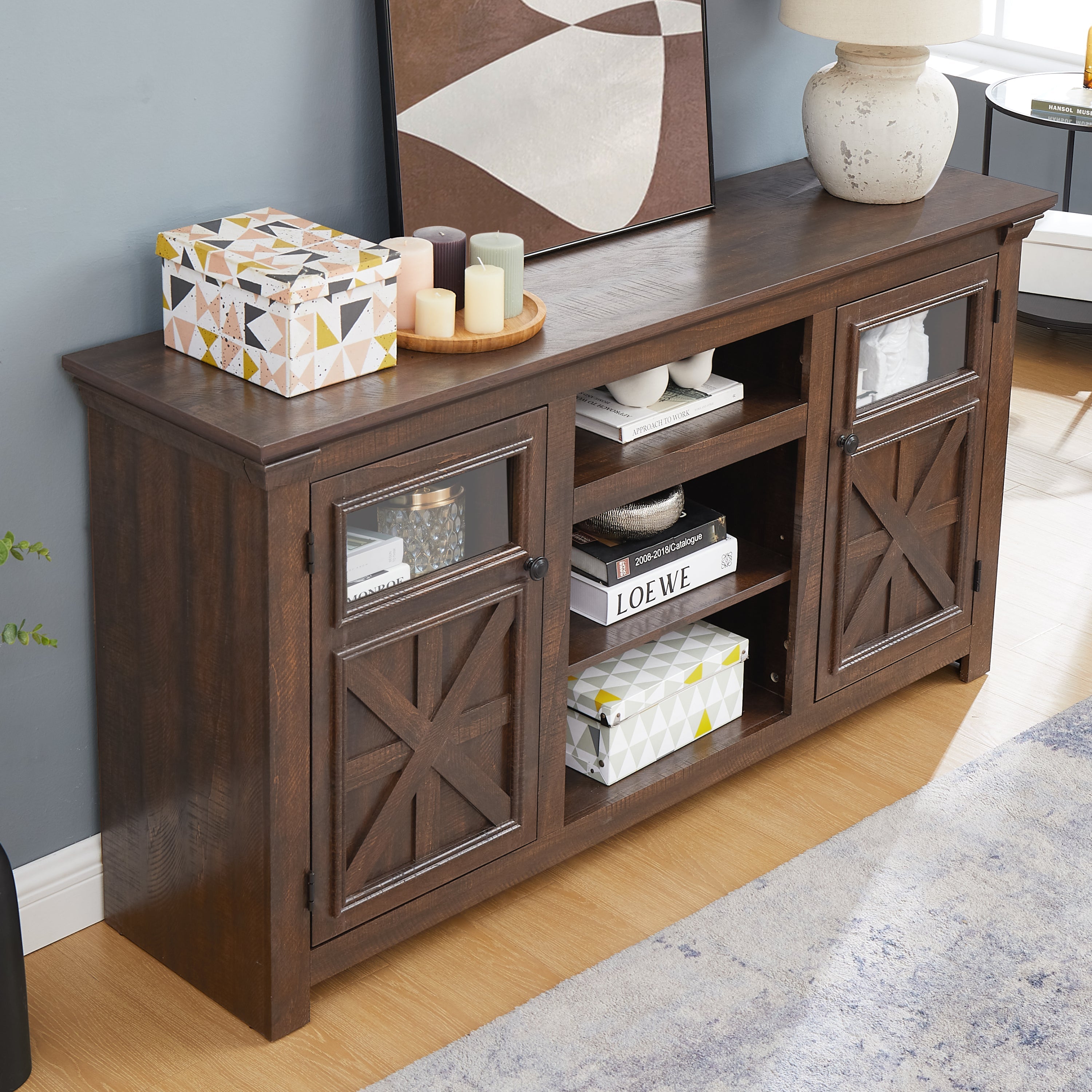 2 Doors Cabinet Farmhouse  Cabinet, Farmhouse TV Stand Barn Design,Modern Farmhouse TV Media Stand, Large Barn Inspired Home Entertainment Console,Espresso, 60.23'W*15.35'D*31.7'H