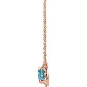 14K Rose Gold 5x3 mm Natural Blue Zircon & 1/8 CTW Natural Diamond Halo-Style 16" Necklace