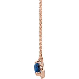 14K Rose Gold 5x3 mm Lab-Grown Blue Sapphire & 1/8 CTW Natural Diamond Halo-Style 18" Necklace
