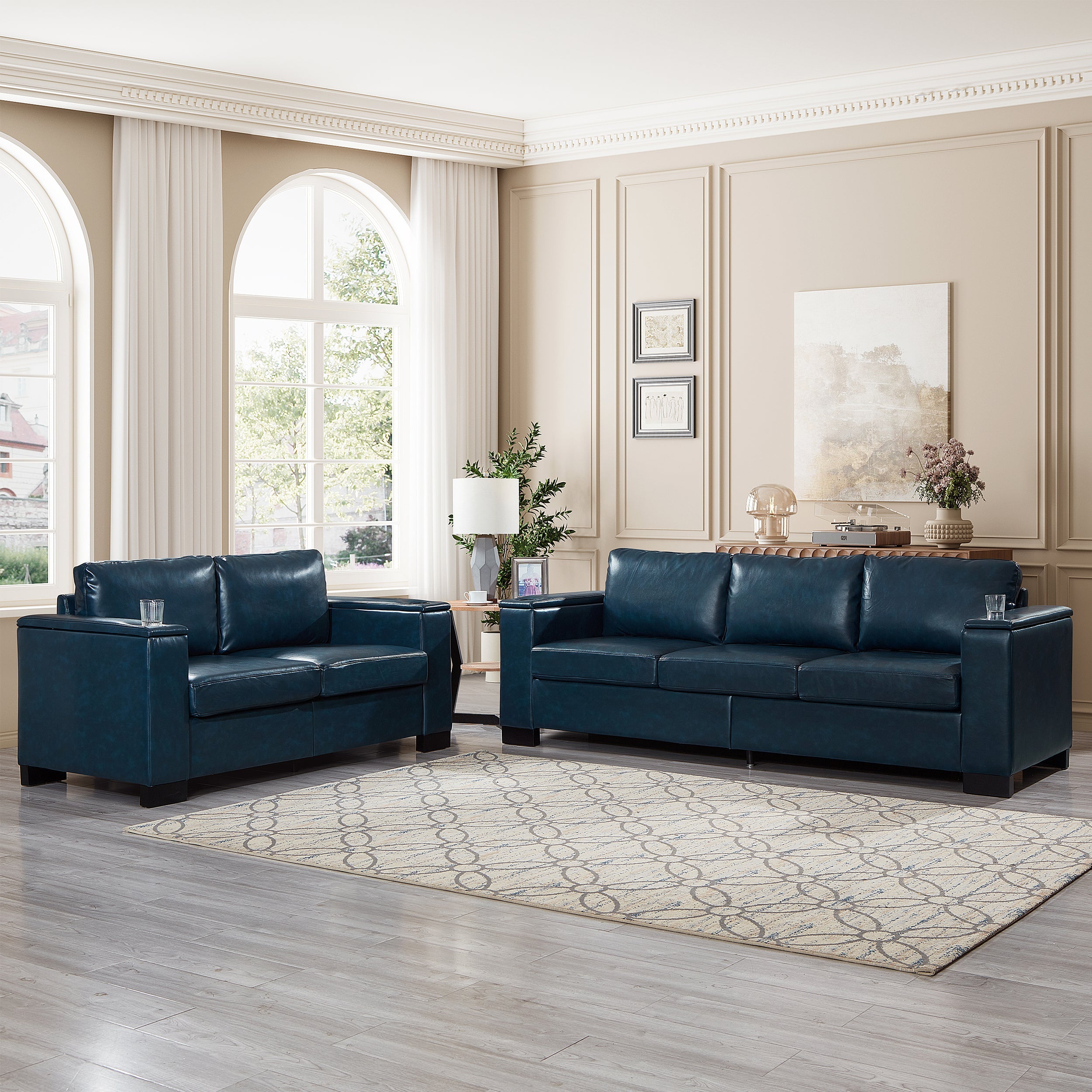 Two Pieces 2+3 seater Sofa Modern Style Living Room Sofa Faux Leather Couch,Square Arm Sofa with Cup Holder,Storage Sofa,Upholstered PU Leather Navy Blue