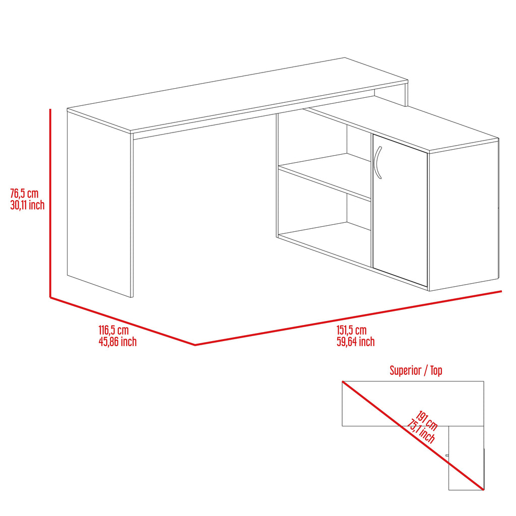 L-Shaped Desk, Single Door Cabinet, Two Open Shelves, Two Interior Shelves, White