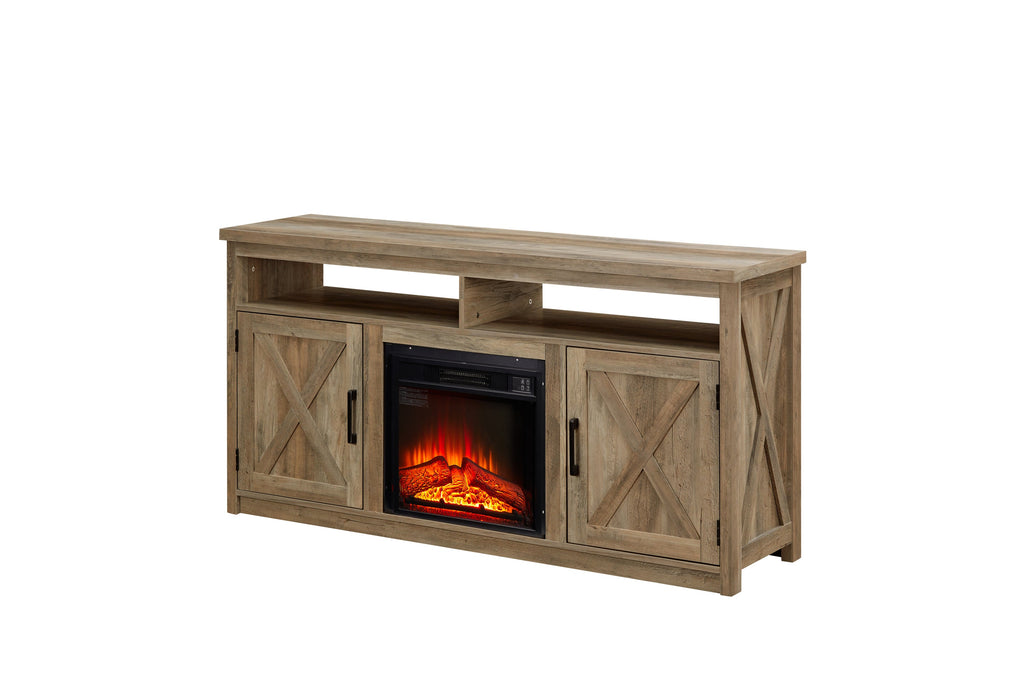 Farmhouse TV Media Stand, Large Barn Inspired Home Entertainment Console, with 18' Fireplace Insert, for TV Up to 65'', with Open Shelves and Closed Cabinets, Gray Wash 57.87*15.75*30.31