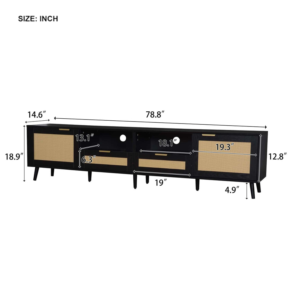 Rattan TV Stand for TVs up to 85'', Modern Farmhouse Media Console, Entertainment Center with Solid Wood Legs, TV Cabinet for Living Room,Home Theatre