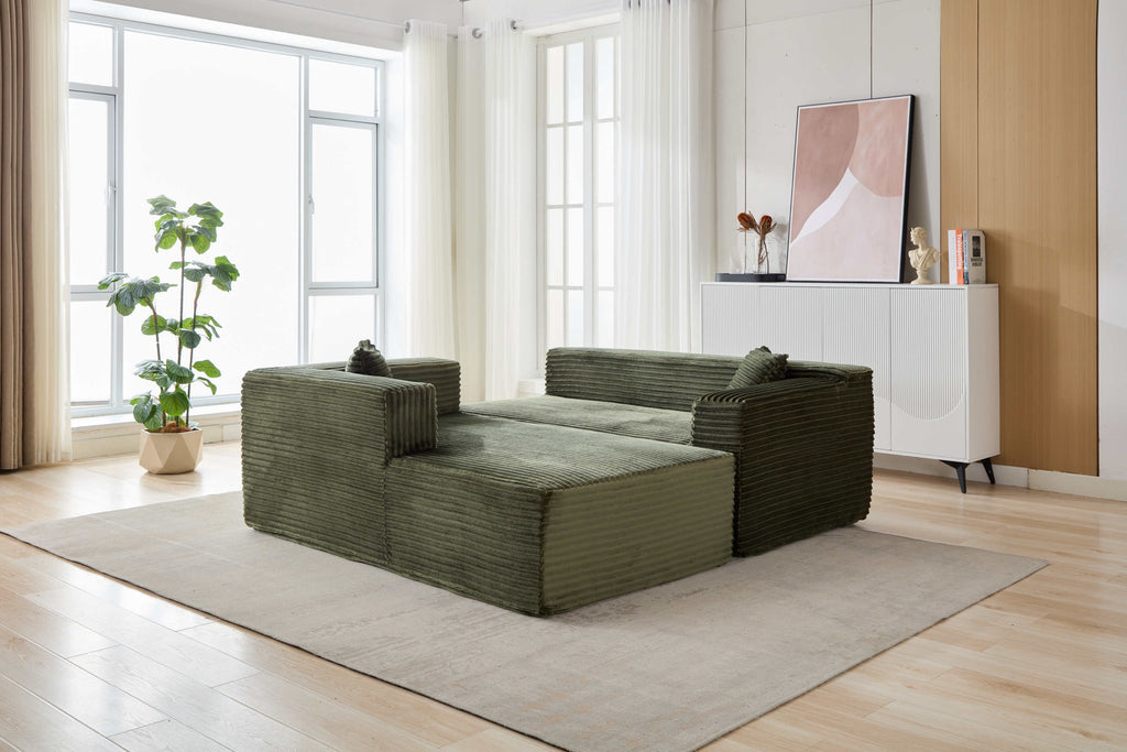 Compression Sectional Couch with Comfy Chaise, Boneless L Shape Sofa with Deep Seat, Minimalist Modular Couches Sleeper for Living Room Bedroom Apartment Lounge,corduroy,Green